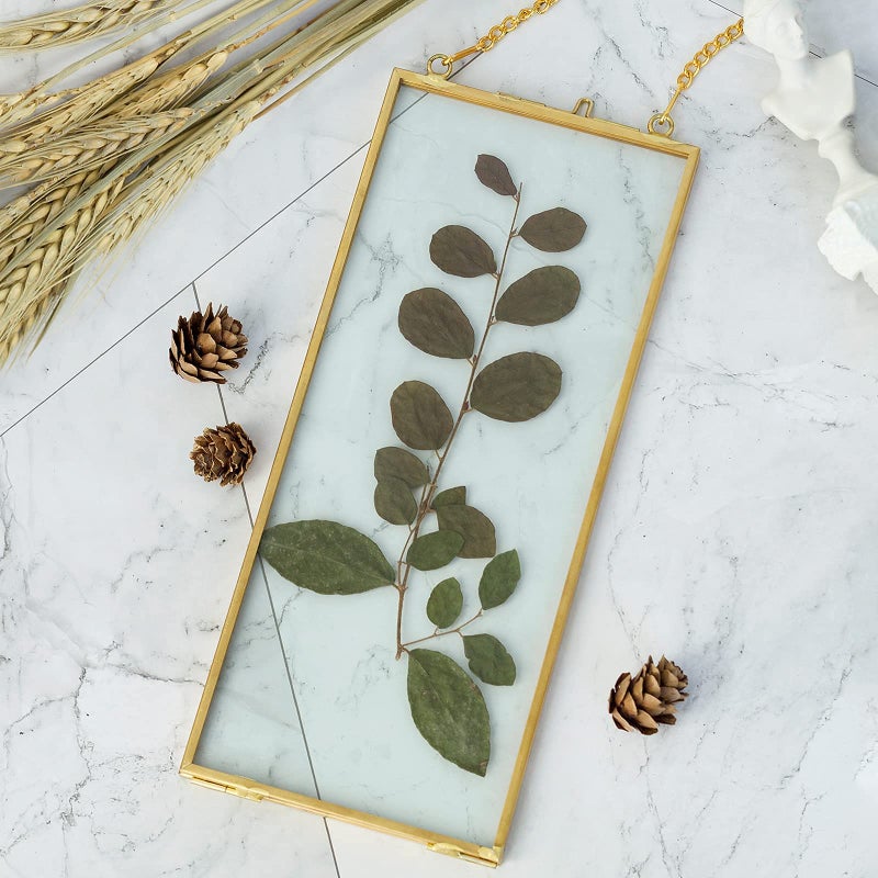 Jajamy Vintage Gold Brass 4x9 Inches Rectangle Pressed Flower Photo Frames  Hanging Double Floating Clear Glass Artwork Picture Frames Display Dried Flowers Plants Specimen Frame Geometric Herbarium Ornament - Image 3